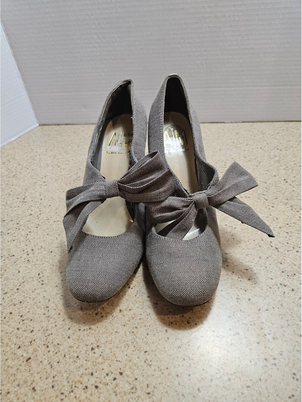 Ann Marino Grey Herringbone Fabric Heels